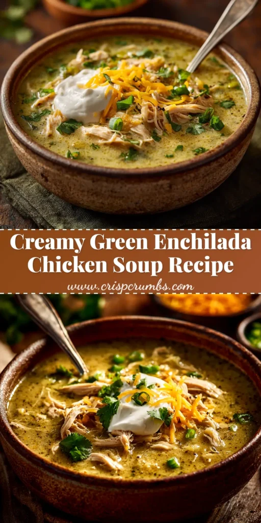 A vibrant bowl of creamy Green Enchilada Chicken Soup, garnished with fresh cilantro, avocado, and crispy tortilla strips.