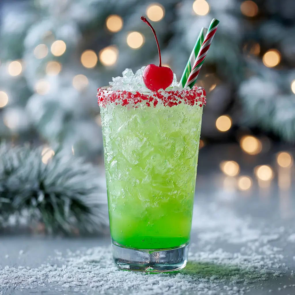 A close-up of a finished Grinch Cocktail in a martini glass, focusing on the red sanding sugar rim and the single cherry garnish inside.
