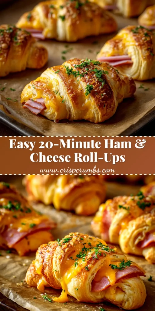 A platter of golden-brown Ham and Cheese Crescent Roll-Ups, garnished with fresh parsley. The perfect easy appetizer recipe.