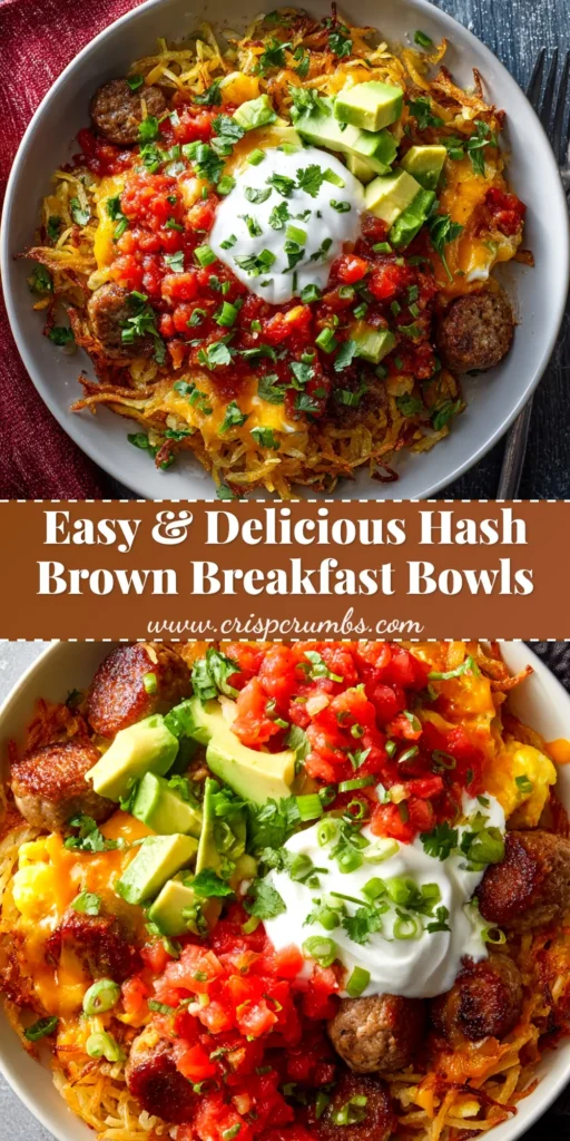 A delicious Hash Brown Breakfast Bowl recipe, featuring a crispy hash brown crust, fluffy scrambled eggs, savory sausage, and melted cheddar cheese in a white bowl.