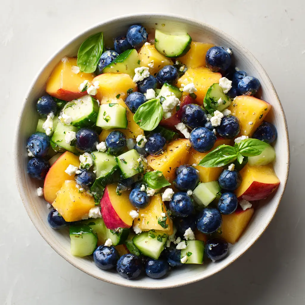 A bowl of healthy blueberry feta salad being drizzled with a homemade lemon-basil vinaigrette, ready to be served.