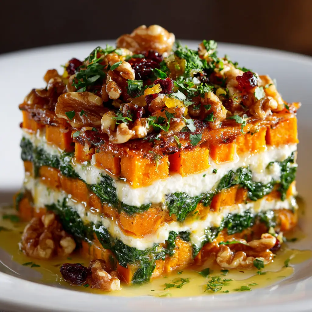 A close-up shot of a perfect slice of healthy lasagna with sweet potato noodles, highlighting the creamy ricotta and rich meat sauce layers.