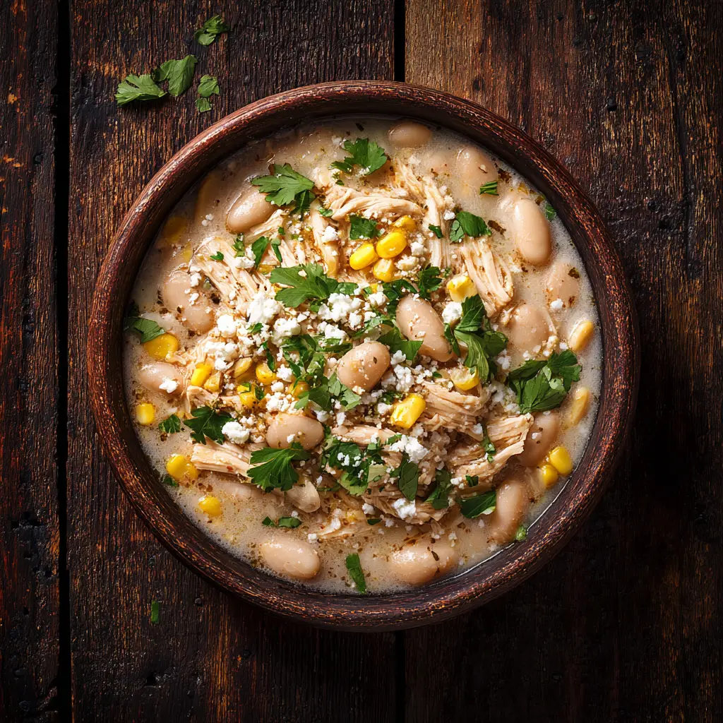 A spoonful of hearty white chicken chili being lifted from a bowl, garnished with fresh cilantro and jalapeños.