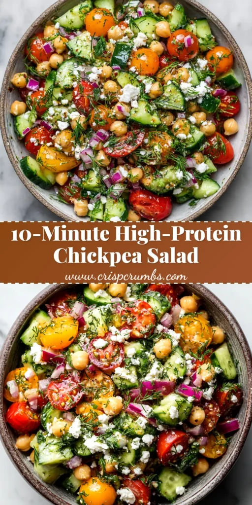 A vibrant high-protein chickpea salad in a white bowl, perfect for a healthy lunch. Topped with fresh dill.