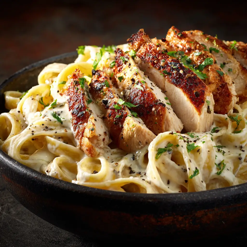 A beautiful serving of the homemade chicken alfredo recipe in a rustic bowl, garnished with fresh parsley and parmesan cheese.