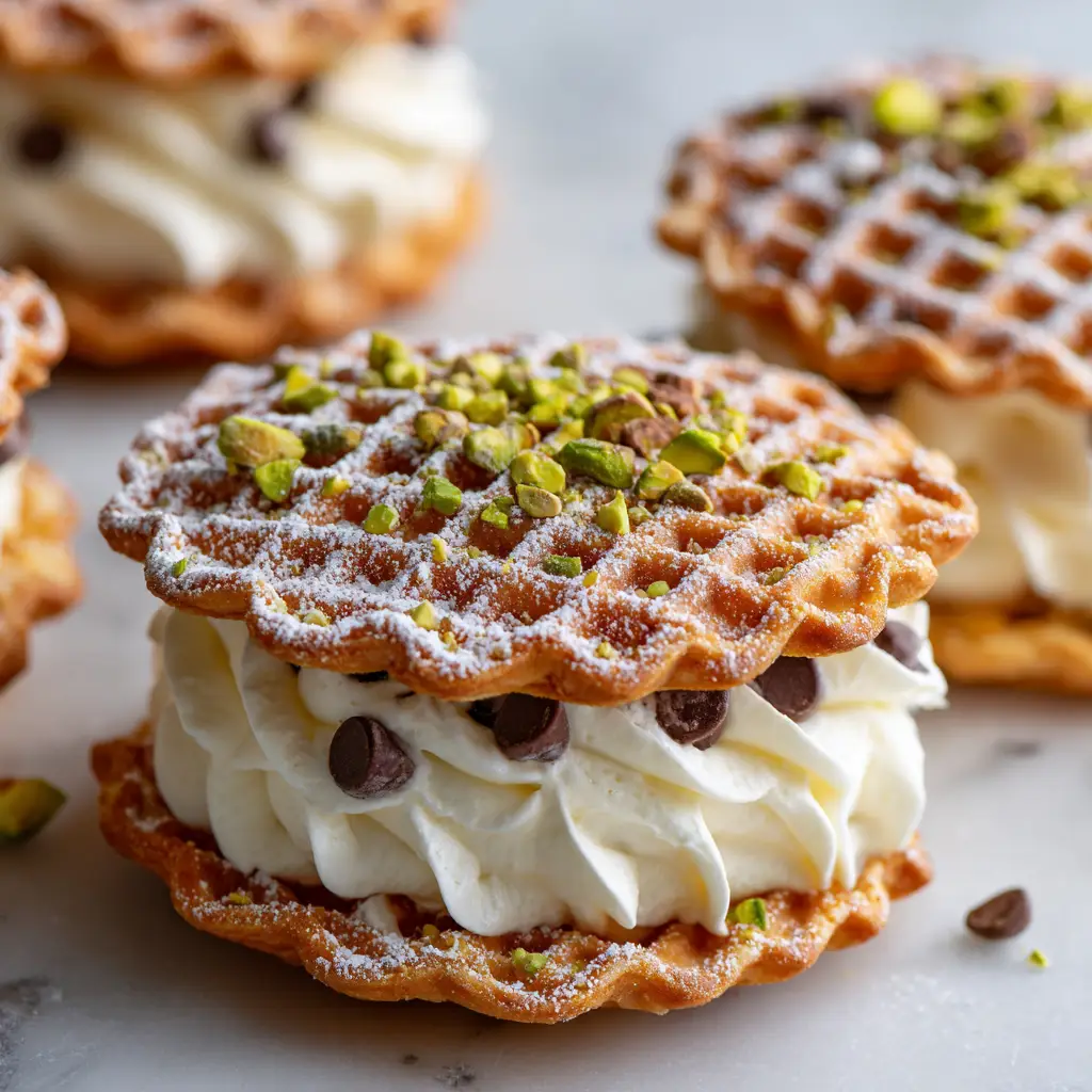 A stack of homemade chocolate pizzelle cookies cooling on a wire rack before being assembled into cannoli sandwiches.