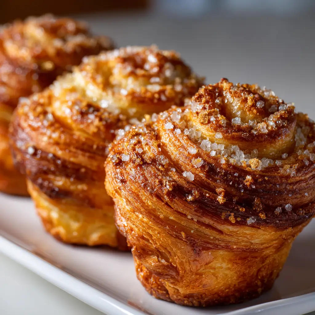 Extreme close-up of three golden-brown cruffins, showcasing the incredible flaky pastry layers from this cinnamon cruffins recipe.