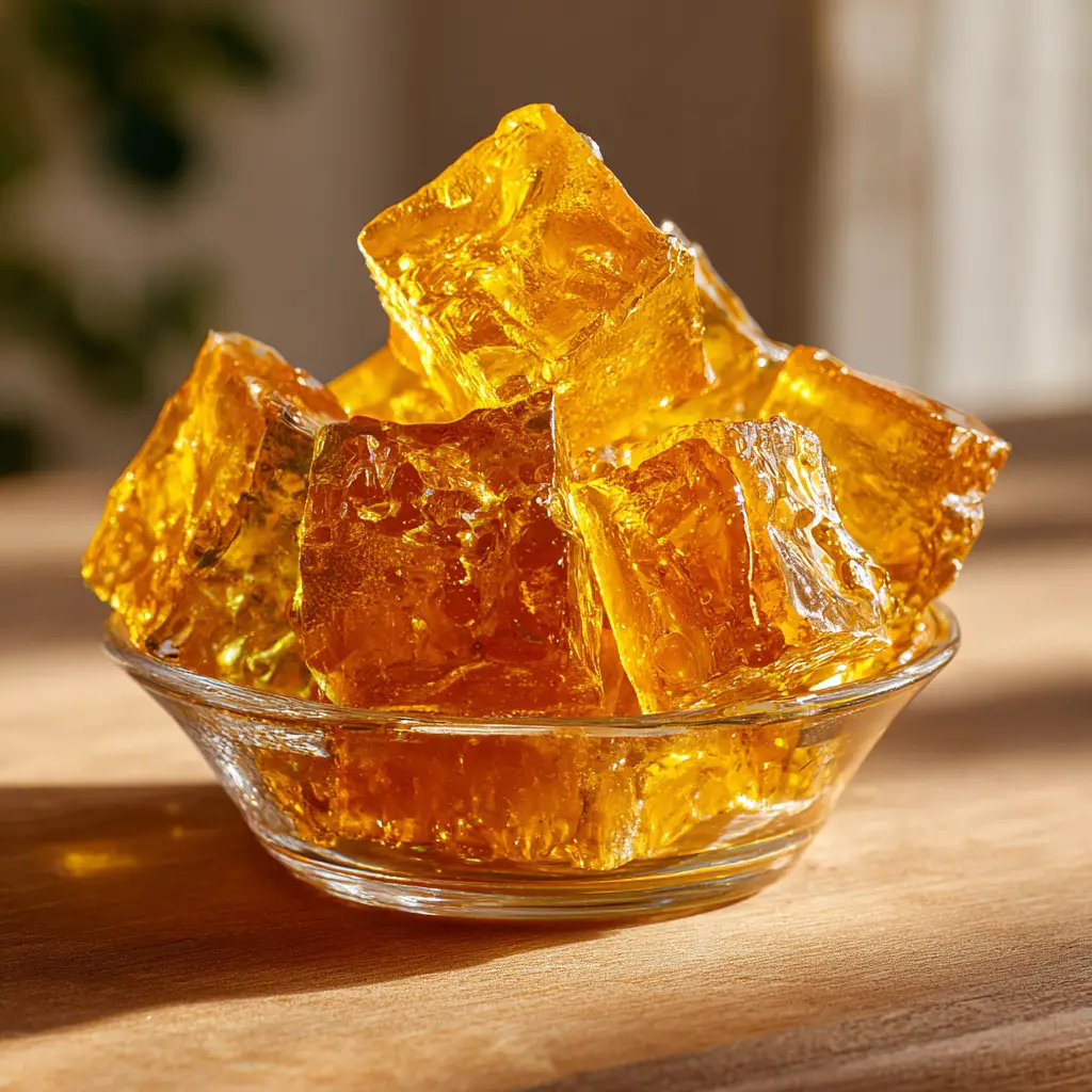 A close-up shot of golden, translucent gelatin cubes made from apple juice, highlighting the perfect texture of this homemade gelatin snack.