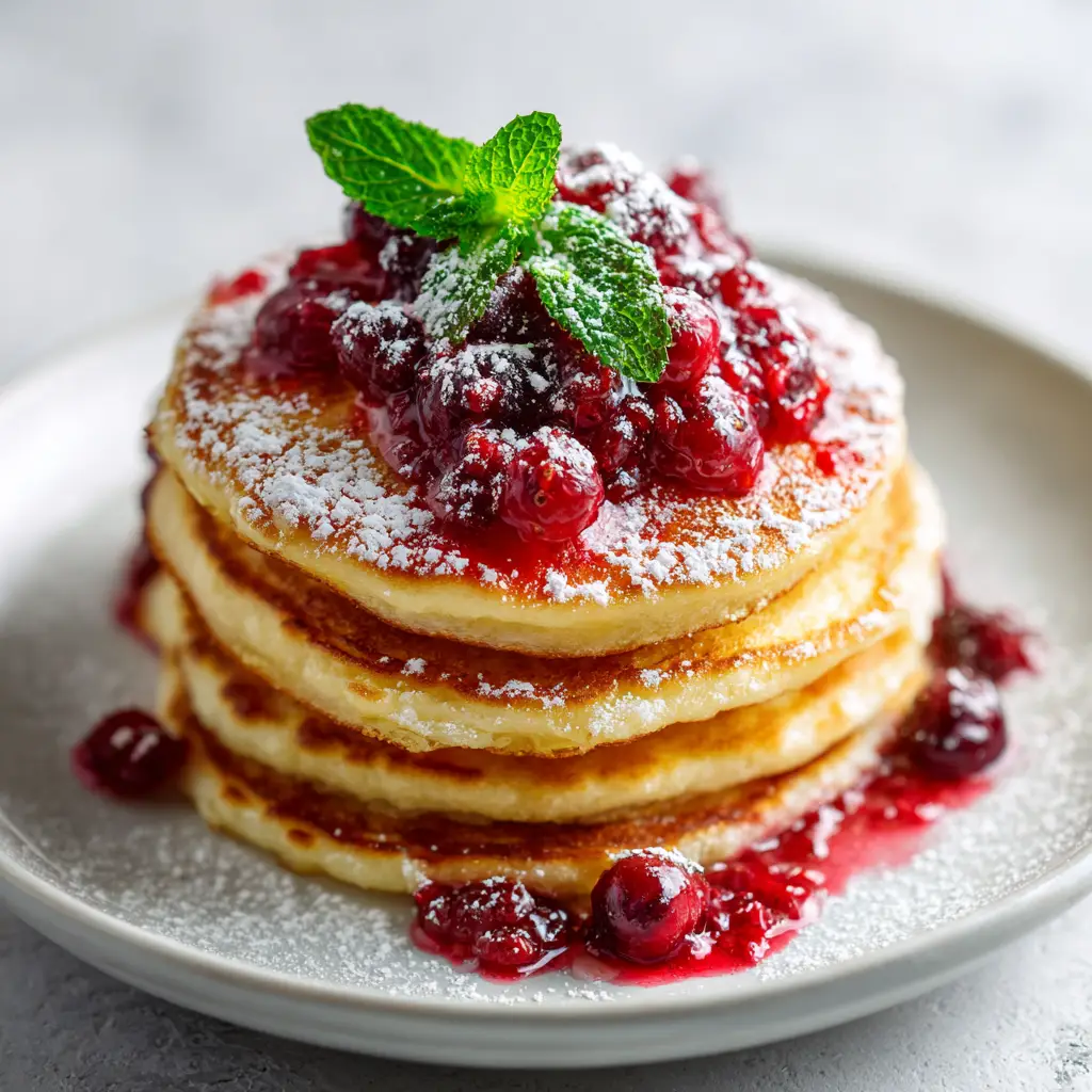 A stack of fluffy homemade pancakes drizzled with maple syrup and topped with fresh berries, showcasing a perfect holiday breakfast idea.