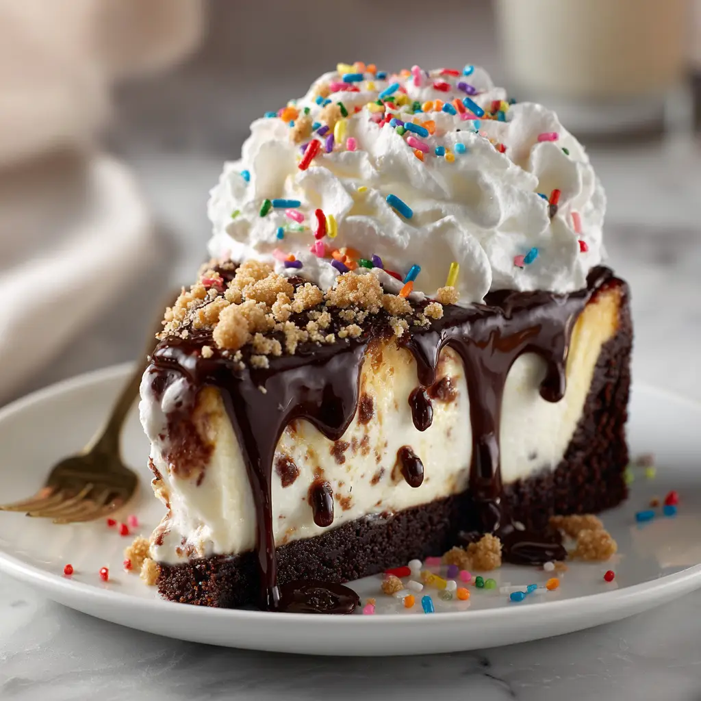 Rich, dark homemade hot fudge sauce being drizzled from a spoon over a scoop of vanilla ice cream on a brownie.