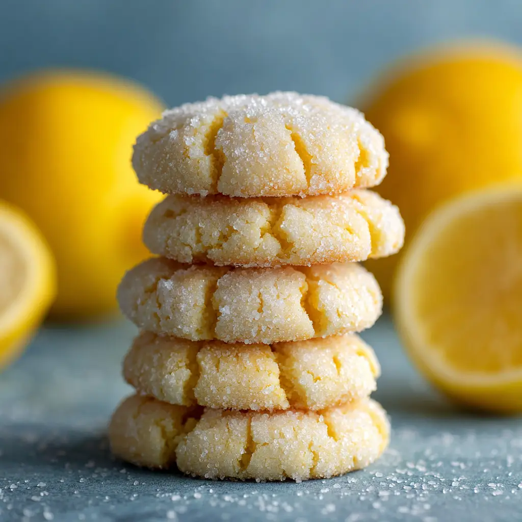 A close-up shot of homemade lemon sugar cookies on a cooling rack. The texture is perfectly soft with golden-brown edges.