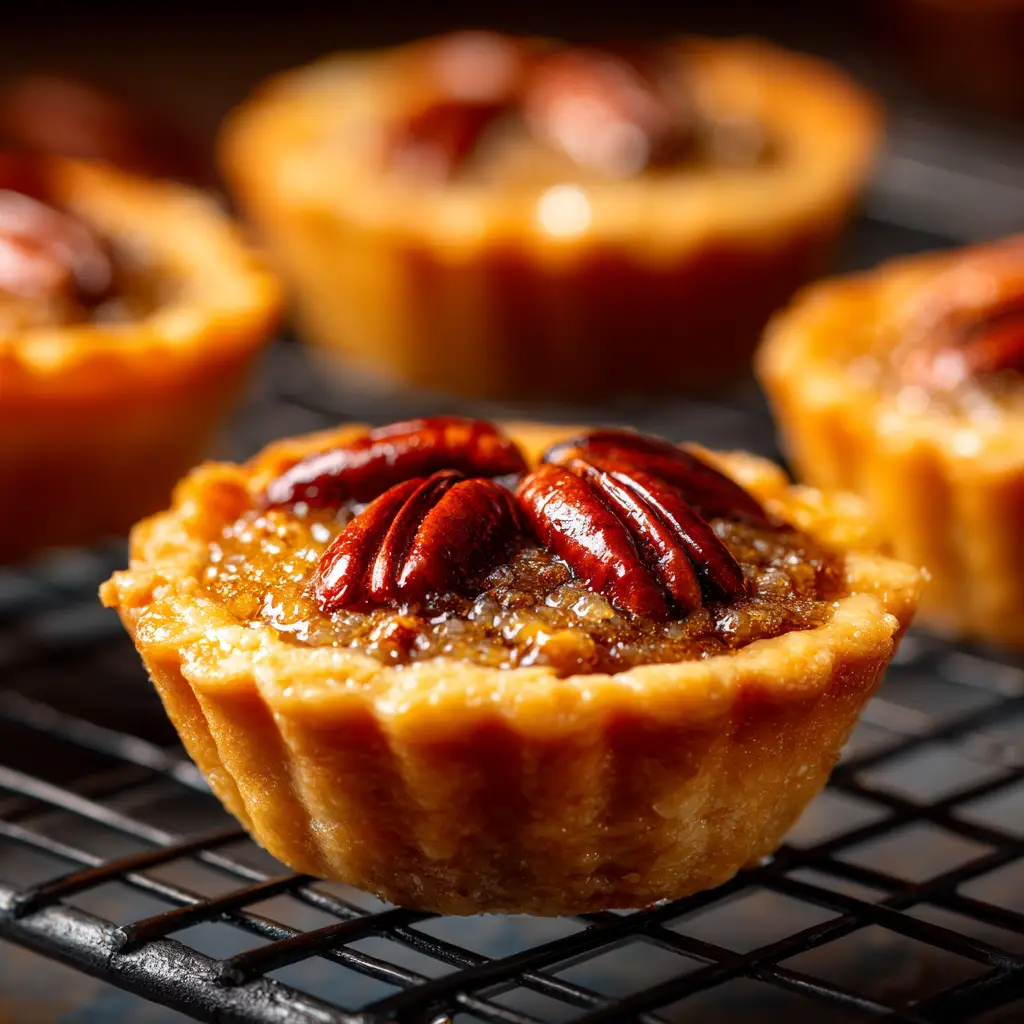 A plate of homemade pecan tassies fresh from the oven, ready to be served as a bite-sized dessert for a holiday gathering.