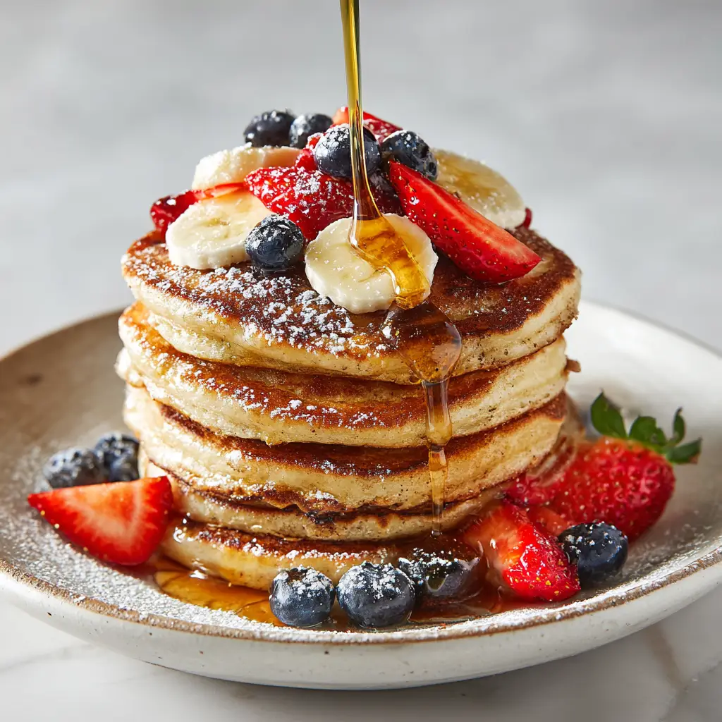 A side view of a tall stack of homemade thick and fluffy pancakes, showing the airy texture of the pancake crumb.
