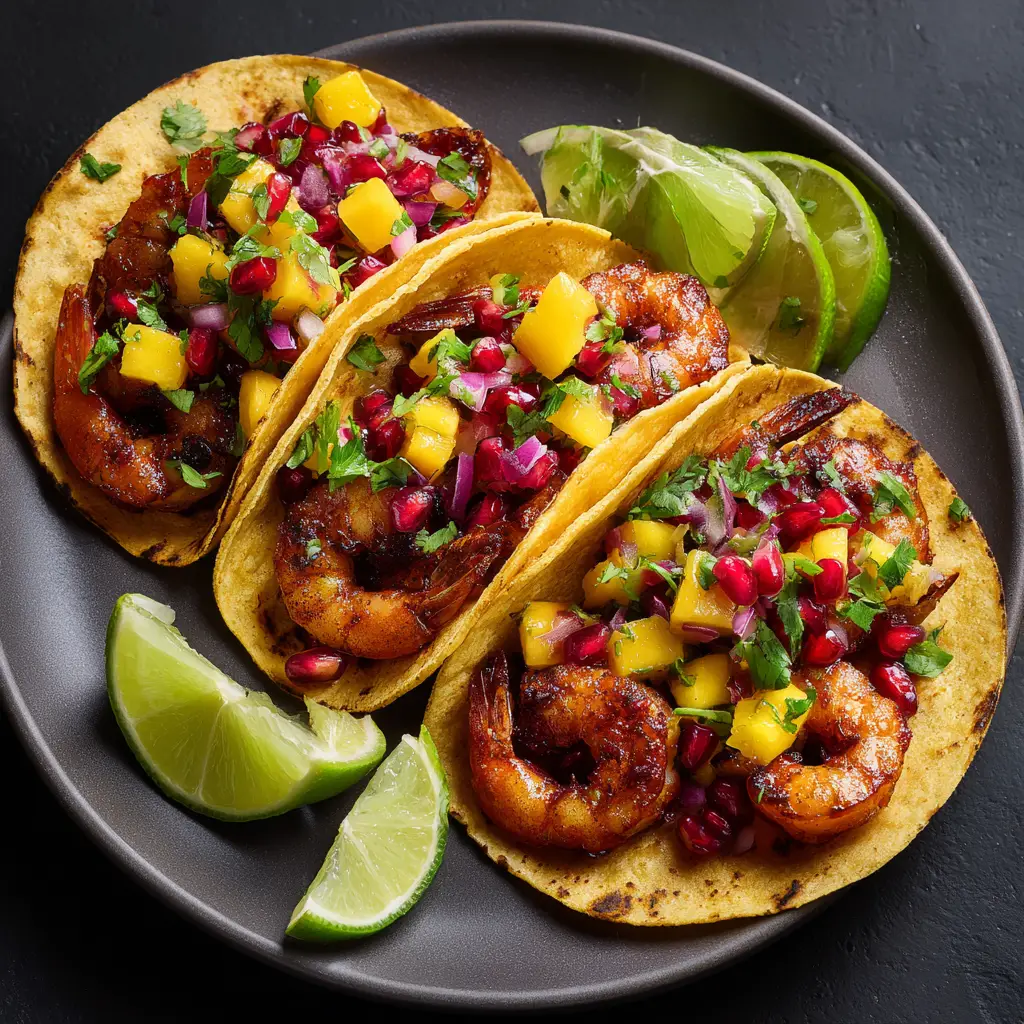 An overhead shot of all the fresh ingredients for honey chipotle shrimp tacos laid out, including shrimp, limes, chipotle peppers, and tortillas.
