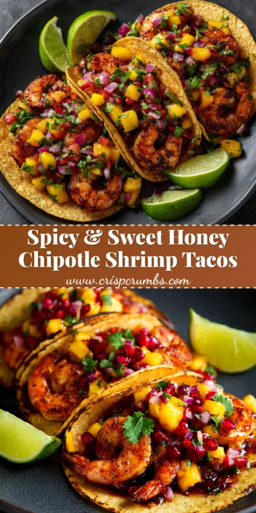 A close-up view of three delicious Honey Chipotle Shrimp Tacos on a plate, topped with fresh cilantro and lime.