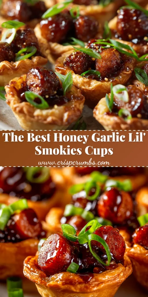 A top-down view of Honey Garlic Lil' Smokies in a white bowl, glazed with a sweet and savory sauce and ready for a party.