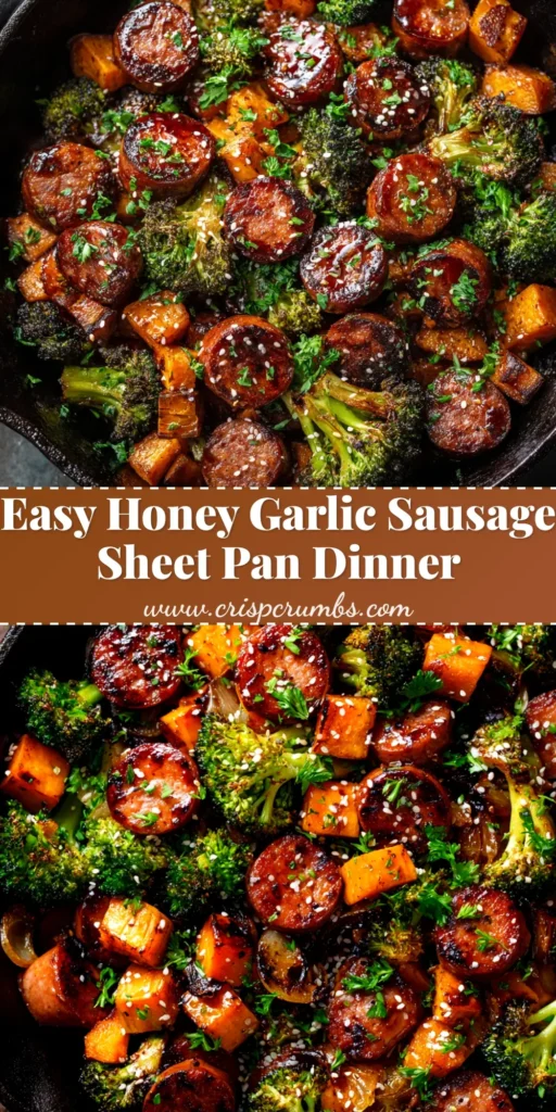 A top-down view of a honey garlic sausage and sweet potato sheet pan dinner, with caramelized sweet potatoes, savory sausage, and bright green broccoli.