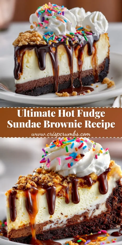 An irresistible Hot Fudge Sundae Brownie in a glass bowl, featuring a gooey brownie, vanilla ice cream, rich hot fudge sauce dripping down the sides, whipped cream, and a cherry on top.