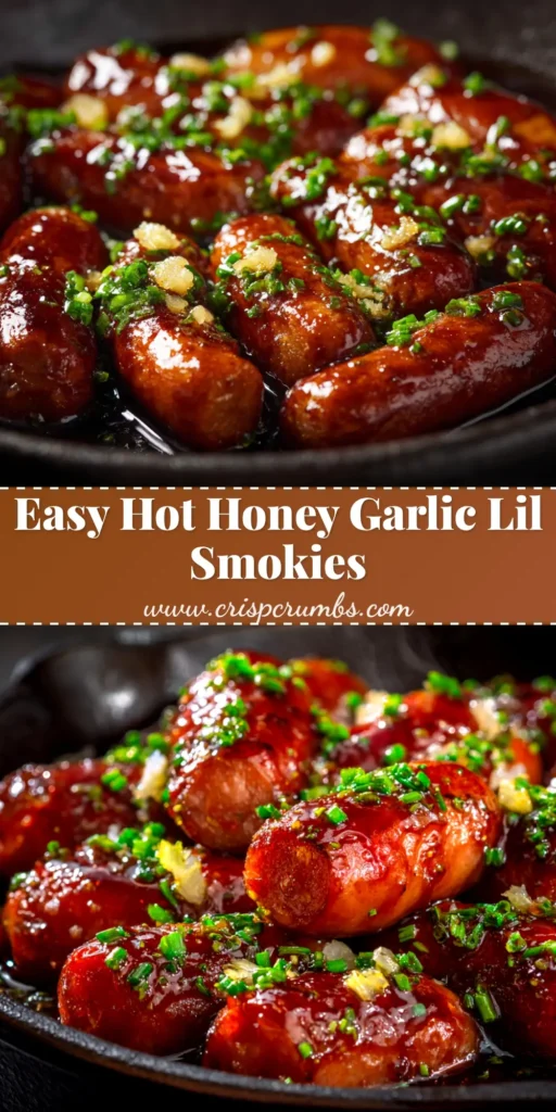 A shareable pin image of Hot Honey Garlic Lil Smokies in a white bowl with text overlay for Pinterest.