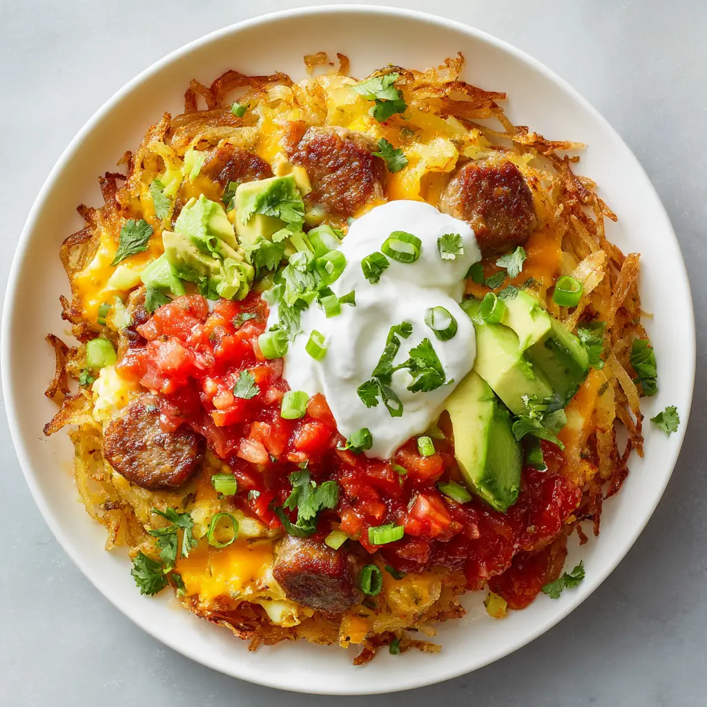 A close-up shot of the crispy hash brown crust being layered with savory sausage and fluffy scrambled eggs before the final melt.