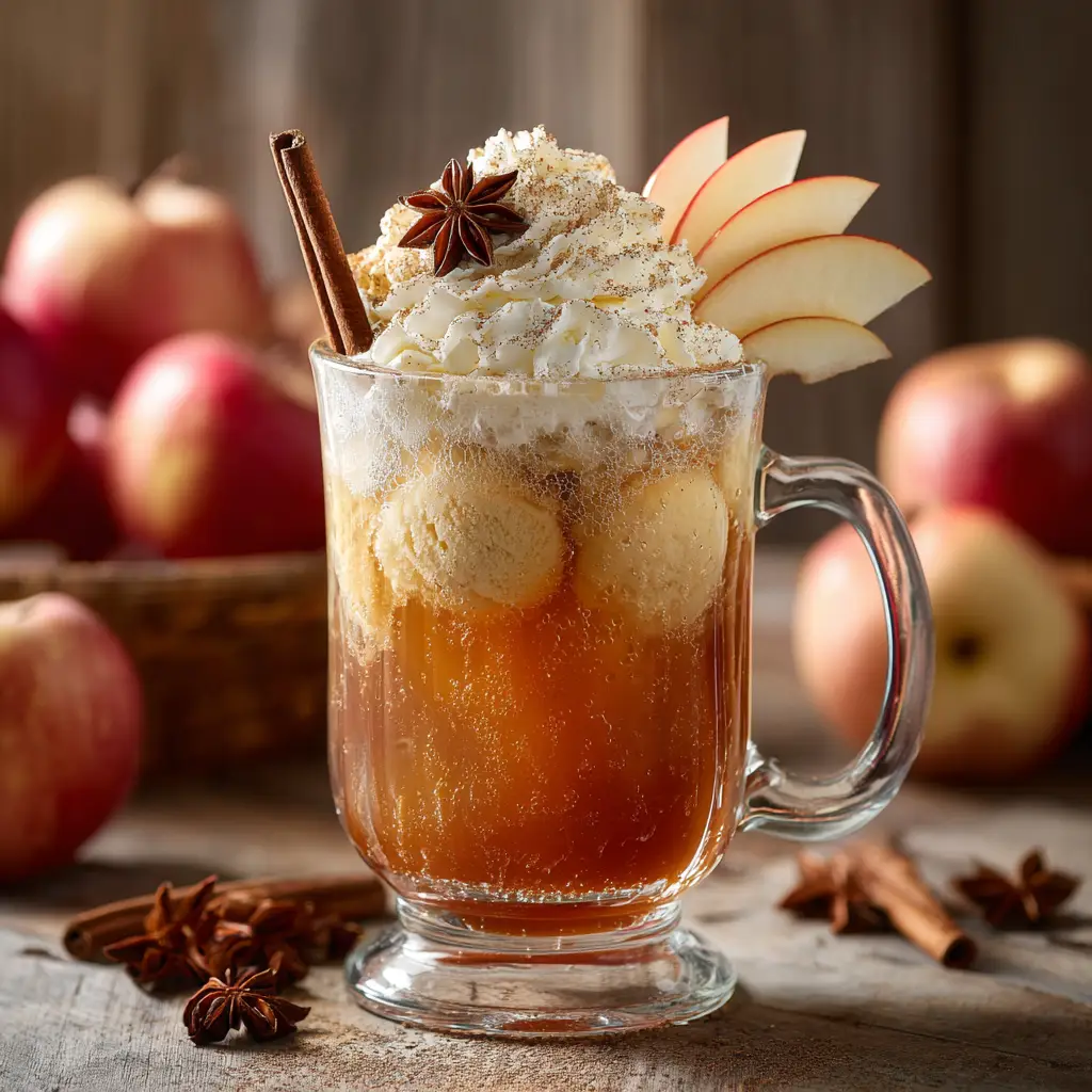 An apple cider float being assembled, with apple cider being poured over two scoops of vanilla ice cream in a tall glass.