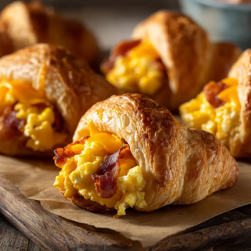 A step-by-step image showing breakfast crescent rolls being assembled on a baking sheet before going into the oven.