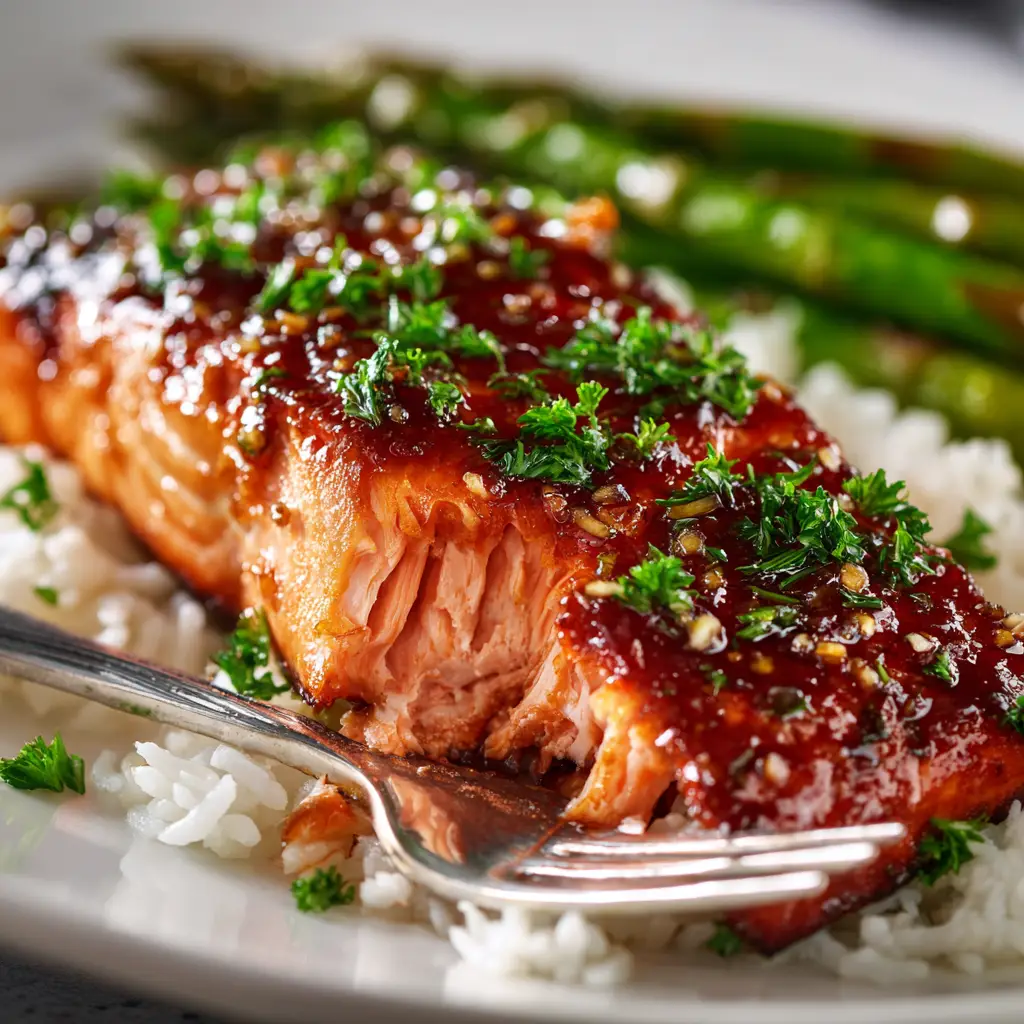 A salmon fillet on a baking sheet being brushed with a brown sugar, soy, and garlic glaze before being cooked.