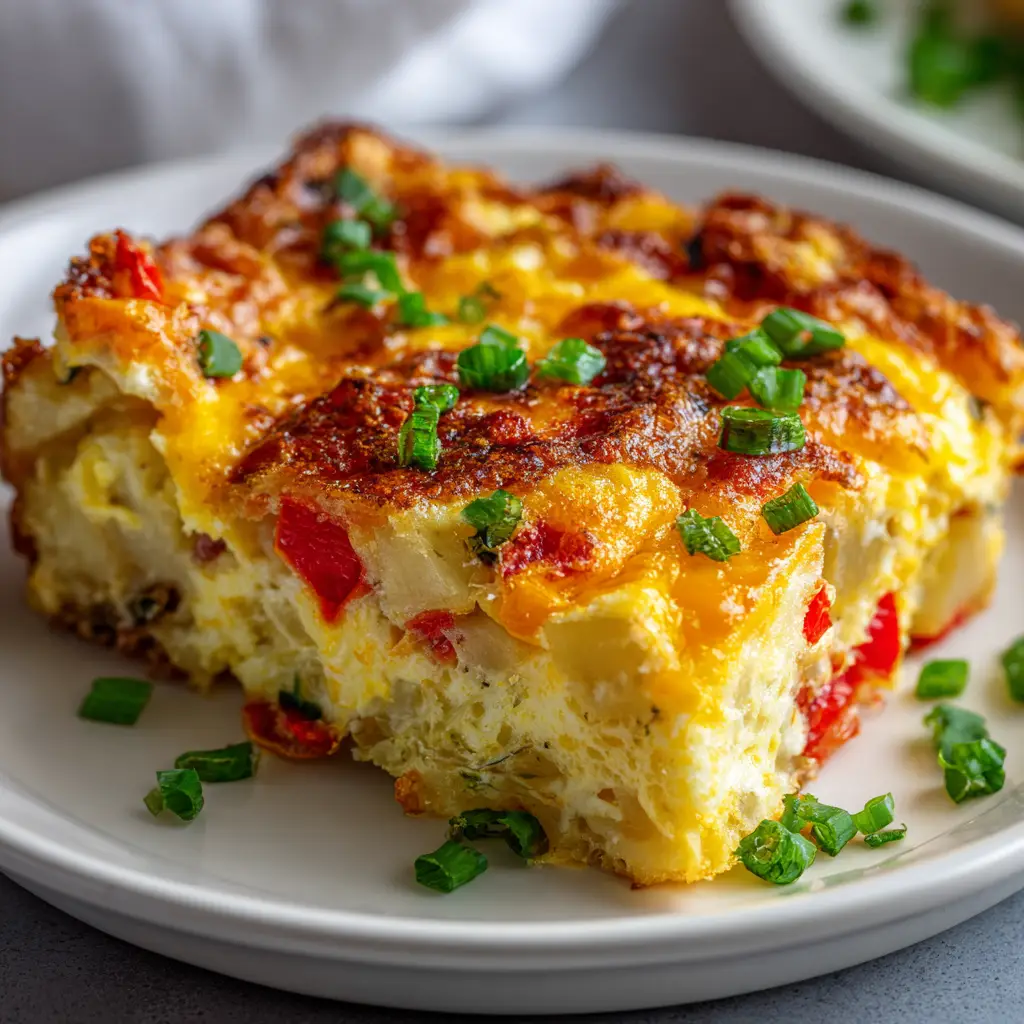 The potato breakfast casserole being assembled in a 9x13 baking dish before going into the oven, with layers of potatoes, sausage, and egg mixture visible.