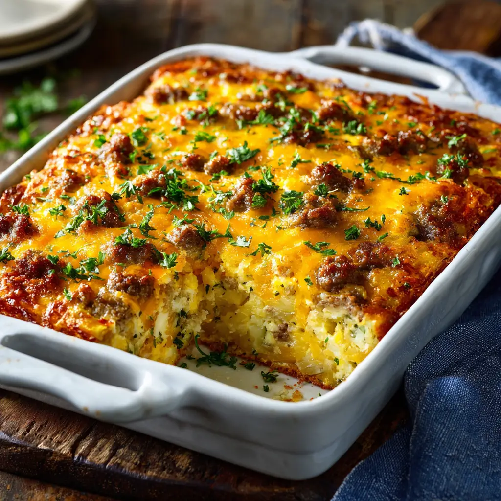 The sausage hash brown breakfast casserole being assembled in a 9x13 baking dish before going into the oven.