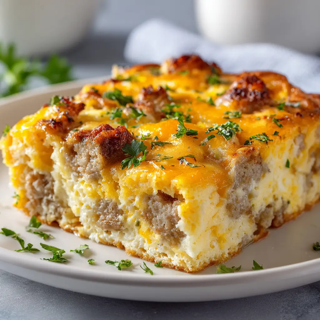 The process of making sausage and egg casserole, showing the egg mixture being poured over the bread and sausage in a baking dish.