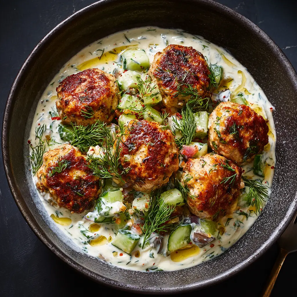 A close-up shot of juicy ground chicken meatballs with feta and dill, illustrating the moist texture of the finished dish.