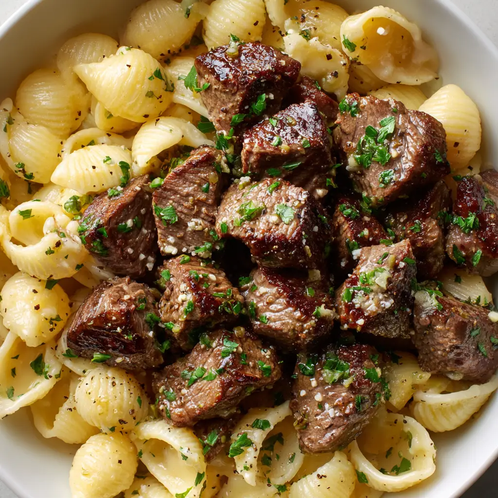 A fork lifting a piece of a seared steak bite, showcasing its tender interior and juicy texture.