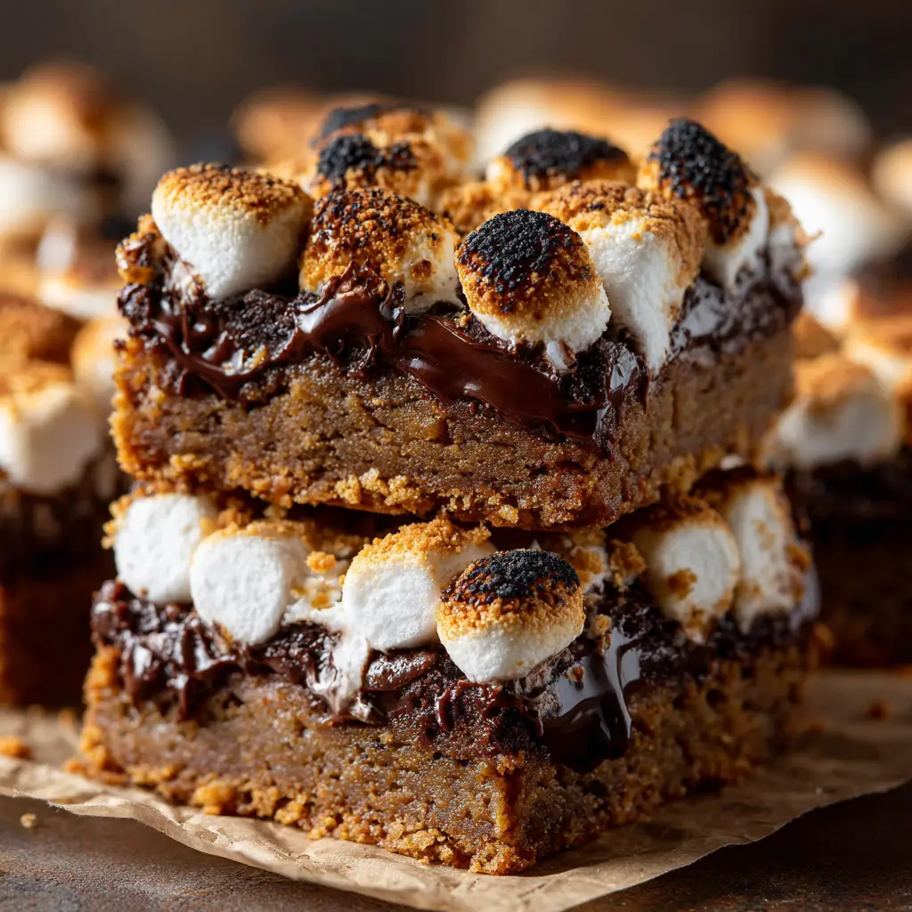 A side view of a stack of s'mores gingerbread cookie bars, showing the distinct layers of gingerbread, chocolate, and marshmallow.