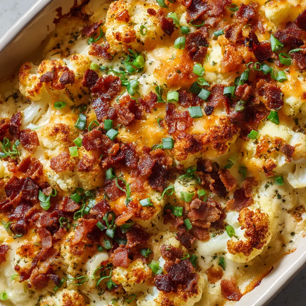 A serving of the loaded cauliflower bake on a plate, ready to be eaten. A fork is lifting a piece, showing the gooey cheese.