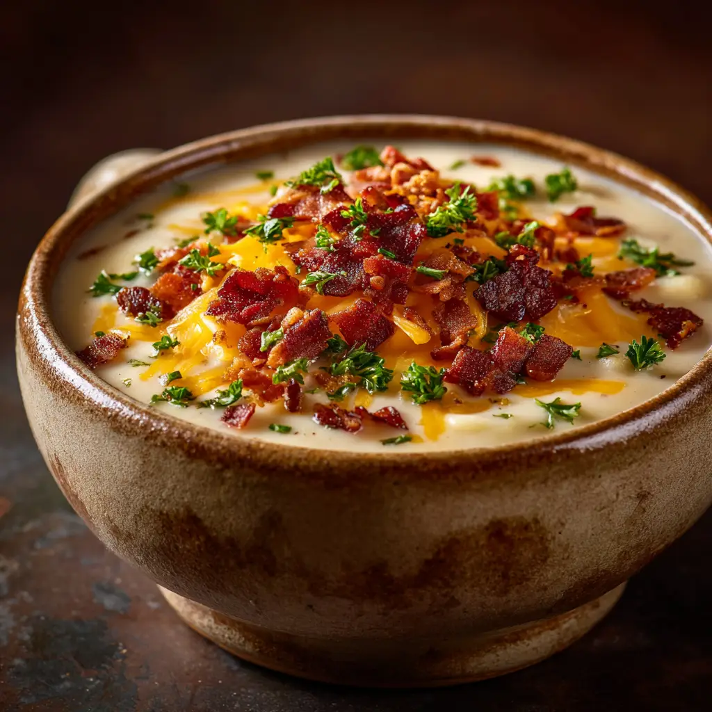 A close-up shot of a spoon dipping into a bowl of loaded potato soup, showing the tender potato chunks and creamy broth.