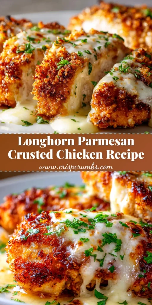 A delicious serving of copycat Longhorn Parmesan Chicken on a white plate, showcasing its golden-brown crispy crust. The perfect dinner recipe.