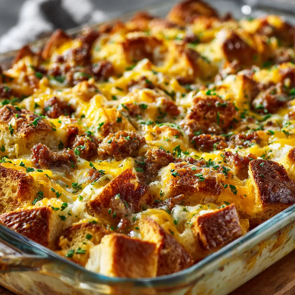 A slice of the make-ahead breakfast casserole on a plate, highlighting the layers of sausage, egg, and croissant.