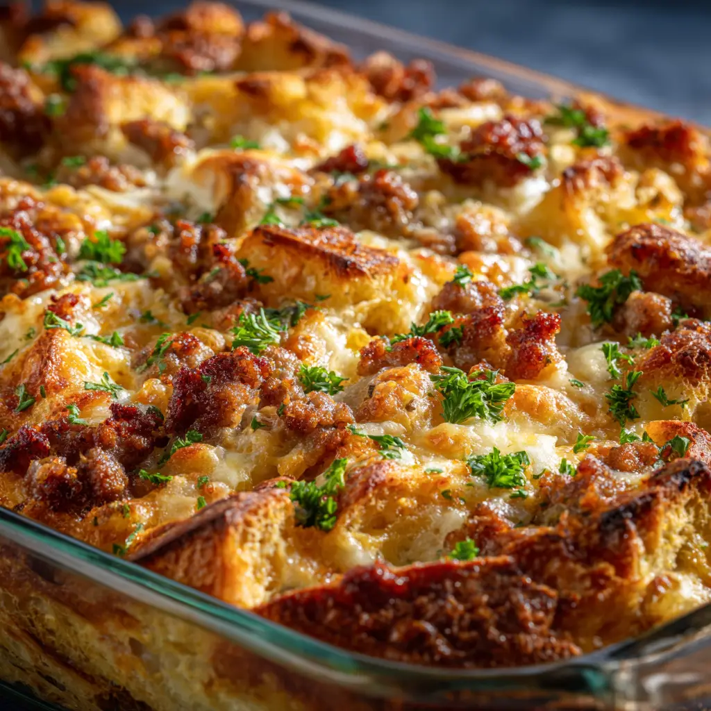 The croissant breakfast casserole assembled in a baking dish before its overnight chill, with the egg custard poured over the top.