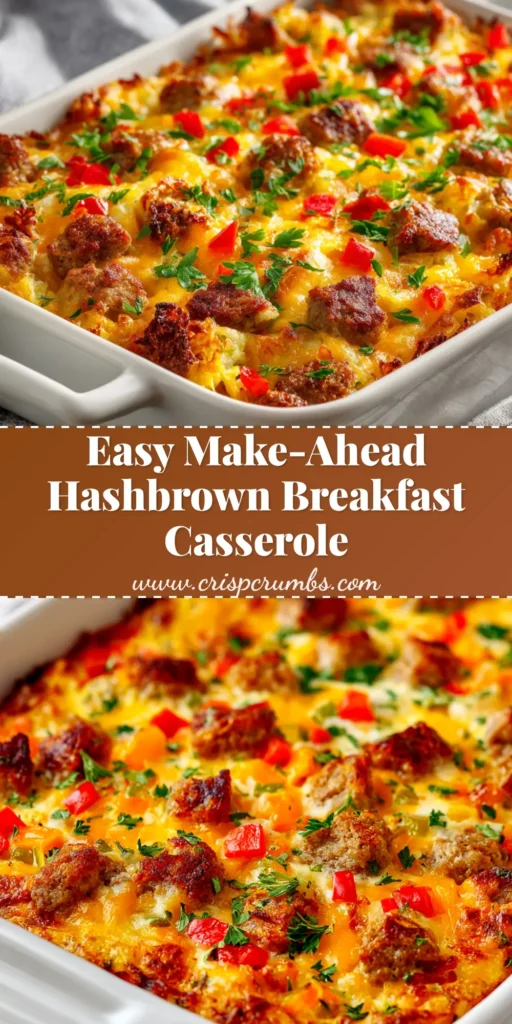 A golden-brown make ahead hashbrown breakfast casserole in a white baking dish, with a slice taken out to show the cheesy layers inside.