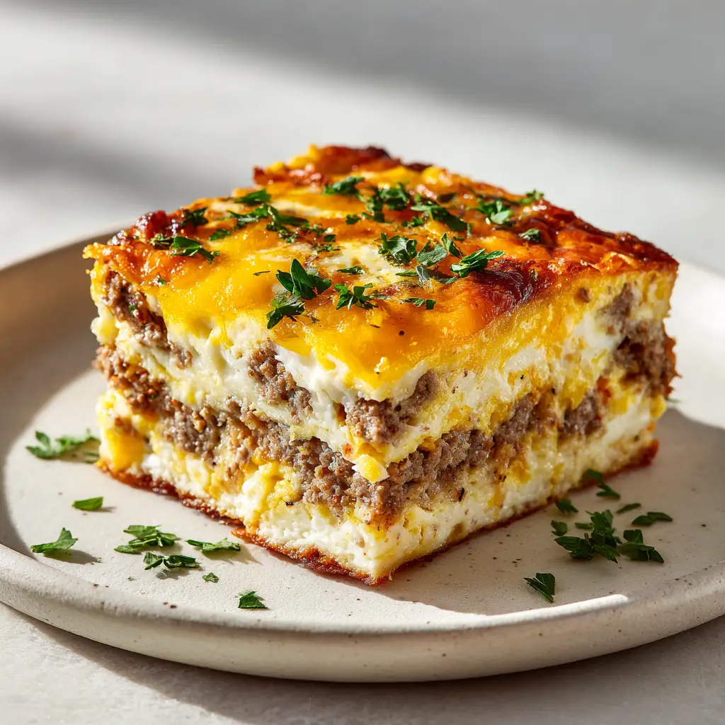 Assembling the overnight sausage and egg casserole in a 9x13 baking dish before it goes into the oven.