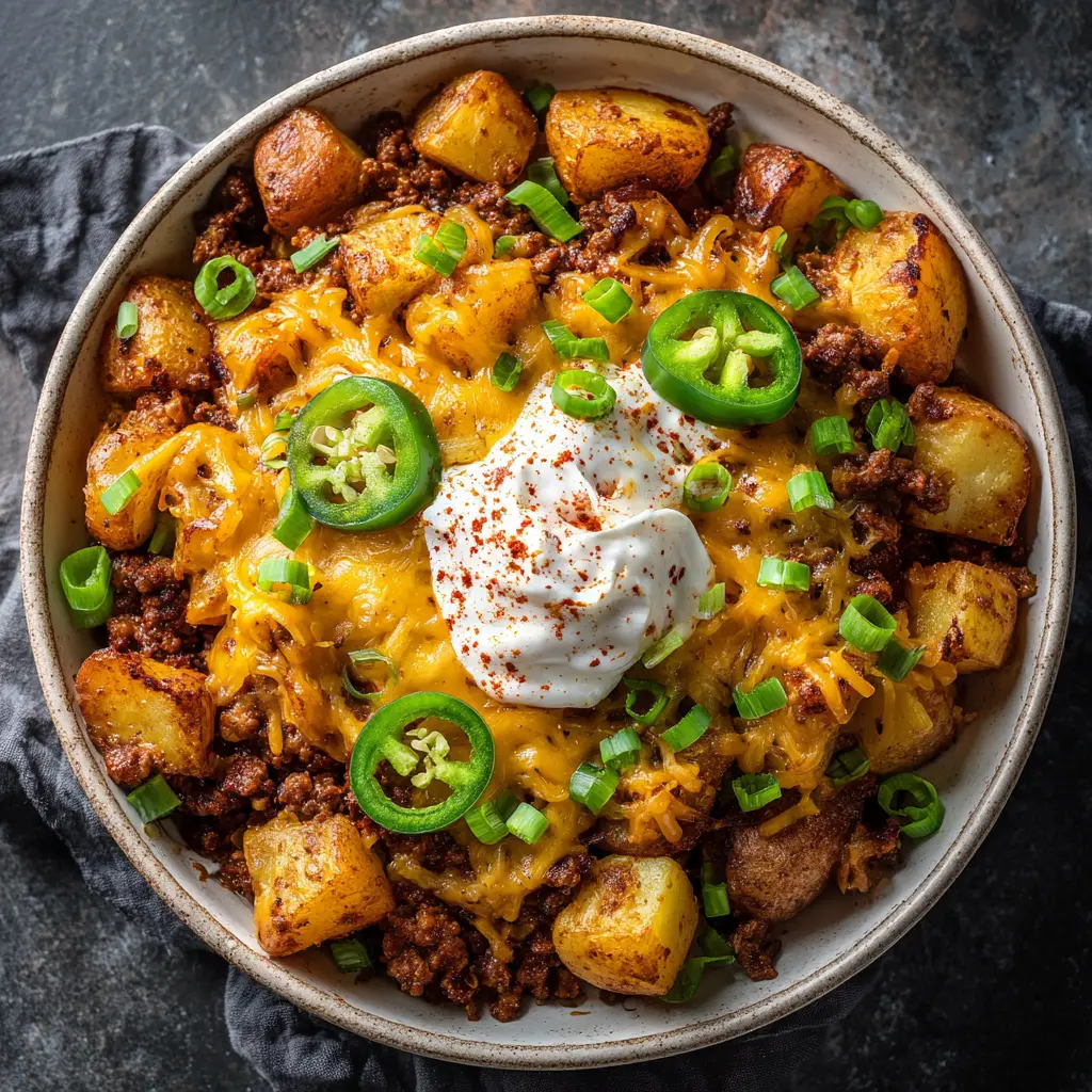 The Chili Cheese Potato Skillet being prepared, with ingredients layered in the cast-iron pan before the final melt.
