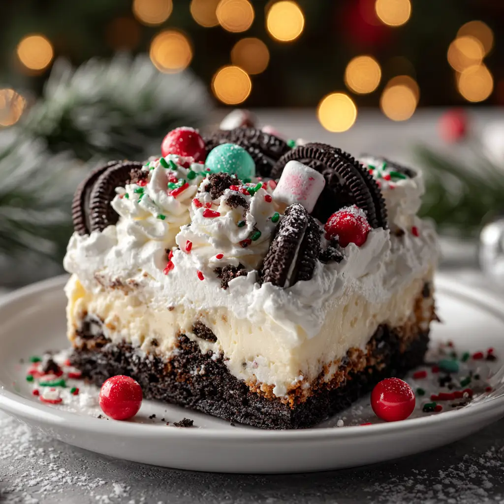 Step-by-step preparation of the easy Christmas dessert, showing the cream cheese layer being spread over the Oreo crust in a glass dish.