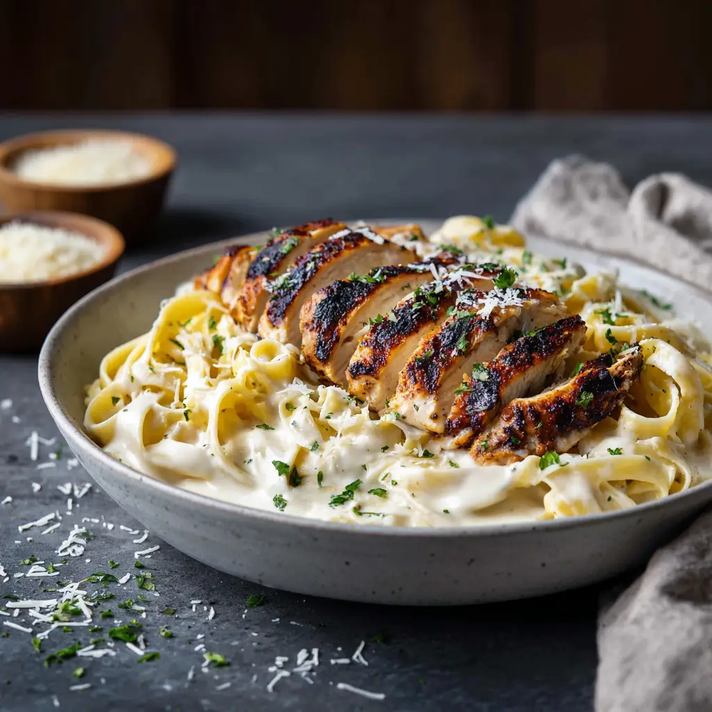 A pan of chicken alfredo being prepared, showing the pasta and chicken being tossed in the garlic parmesan cream sauce.
