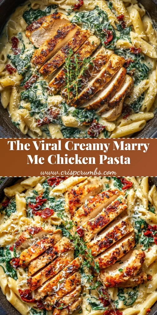 A close-up shot of creamy Marry Me Chicken Pasta in a white bowl, garnished with fresh basil. The pasta is coated in a rich, orange-hued sun-dried tomato sauce.