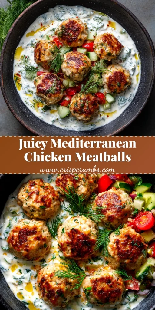 A shareable pin image for the Mediterranean chicken meatballs recipe, showing cooked meatballs in a bowl with a side of tzatziki sauce and fresh dill.