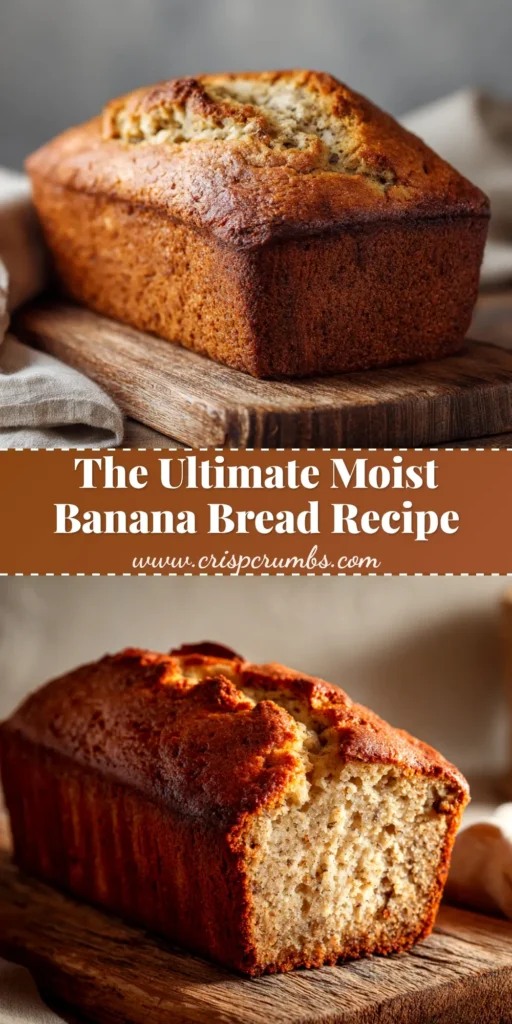 A perfectly baked loaf of moist banana bread recipe sliced on a wooden board to show the soft, tender crumb inside.