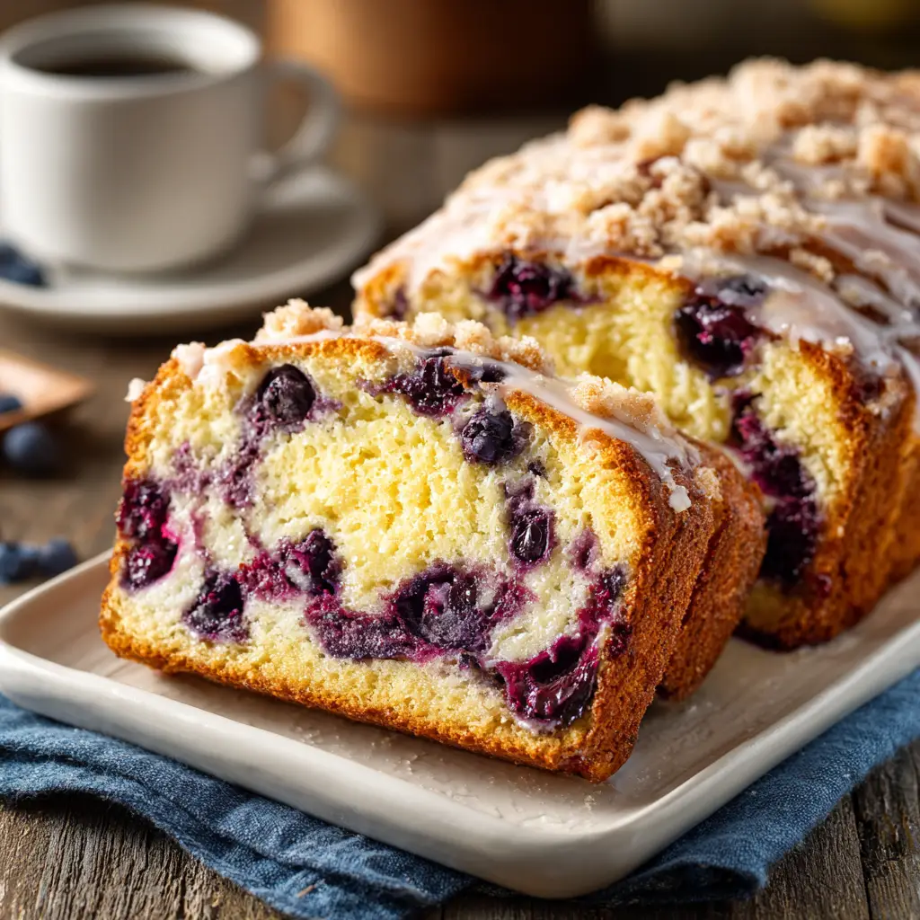 A moist blueberry bread loaf with a cream cheese swirl, sitting on a wooden board next to fresh blueberries.
