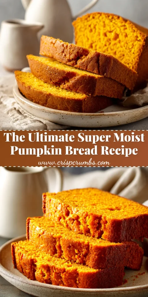 A perfectly moist pumpkin bread recipe on a wooden board, with several thick slices cut to show the tender, spiced crumb. The perfect easy fall baking recipe.
