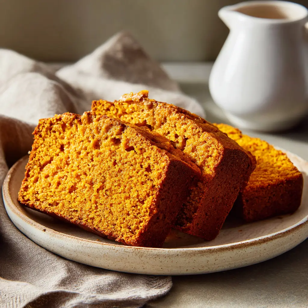 Three thick, overlapping slices of easy pumpkin bread, showcasing the incredibly moist and tender texture of the loaf.