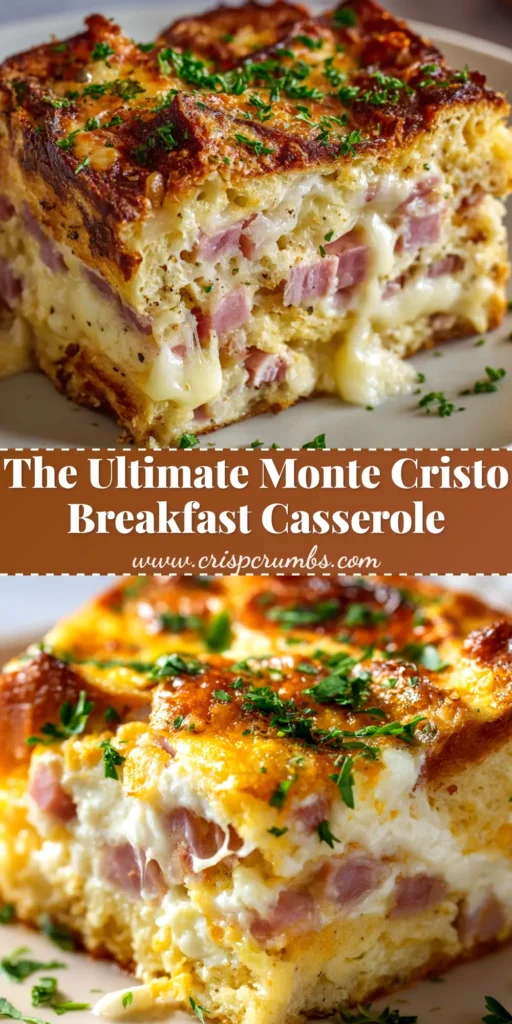 A golden-brown Monte Cristo Breakfast Casserole in a white baking dish, dusted with powdered sugar and ready to be served for a crowd-pleasing brunch.